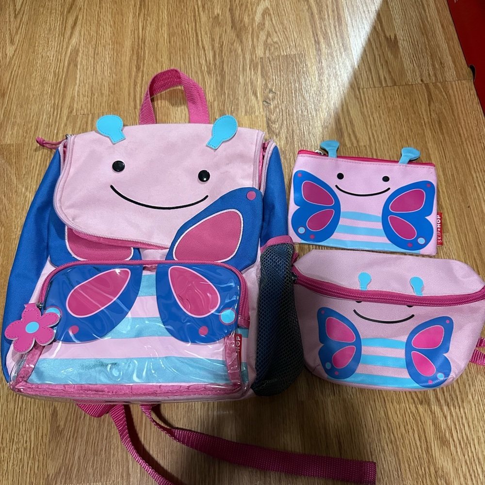 Skip Hop Butterfly backpack with matching Fanny pack/belt bag+small zippered bag